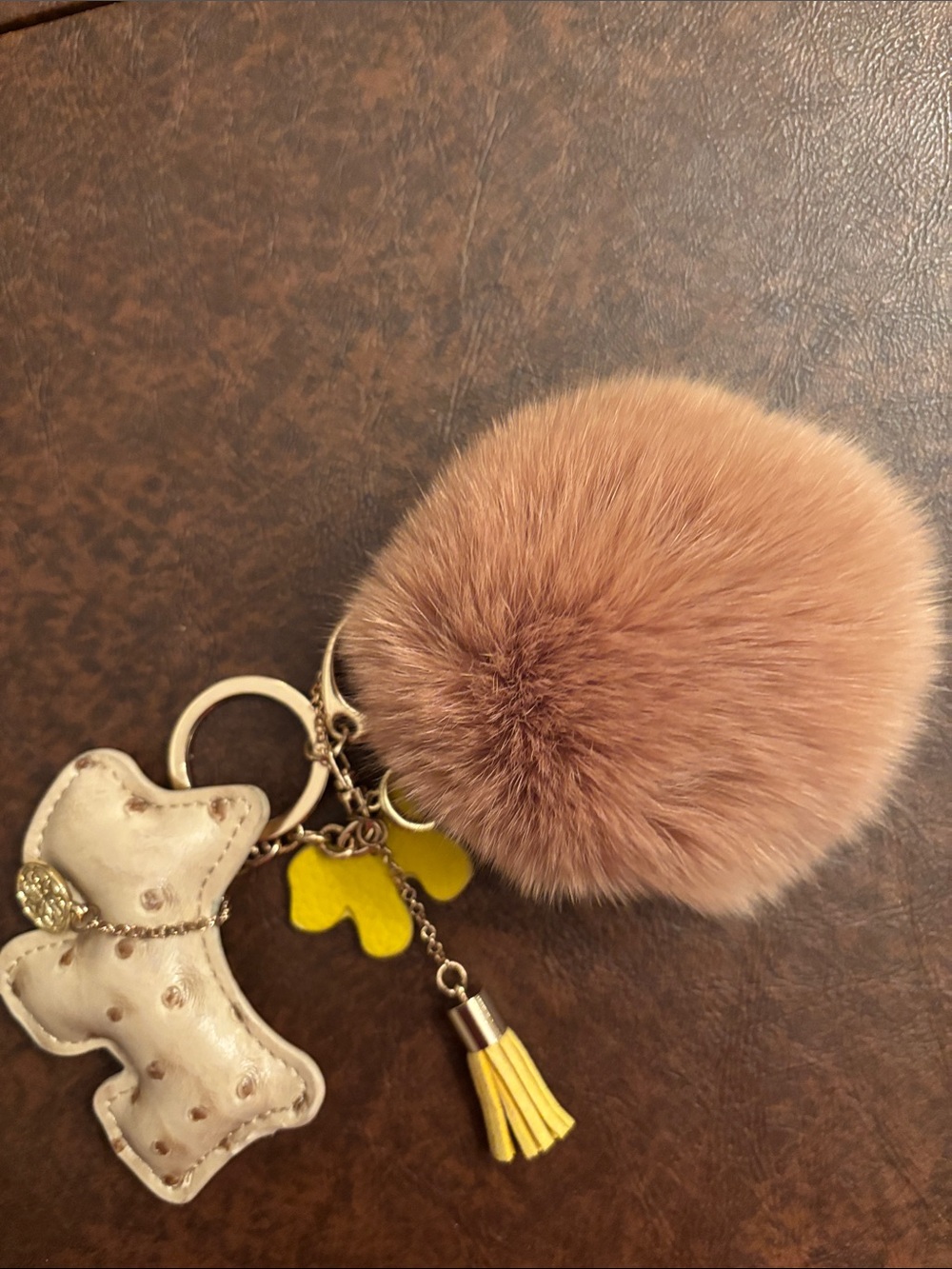 Blush Faux-Fur Pom Pom Keychain with Yellow Tassel and Dog Charm